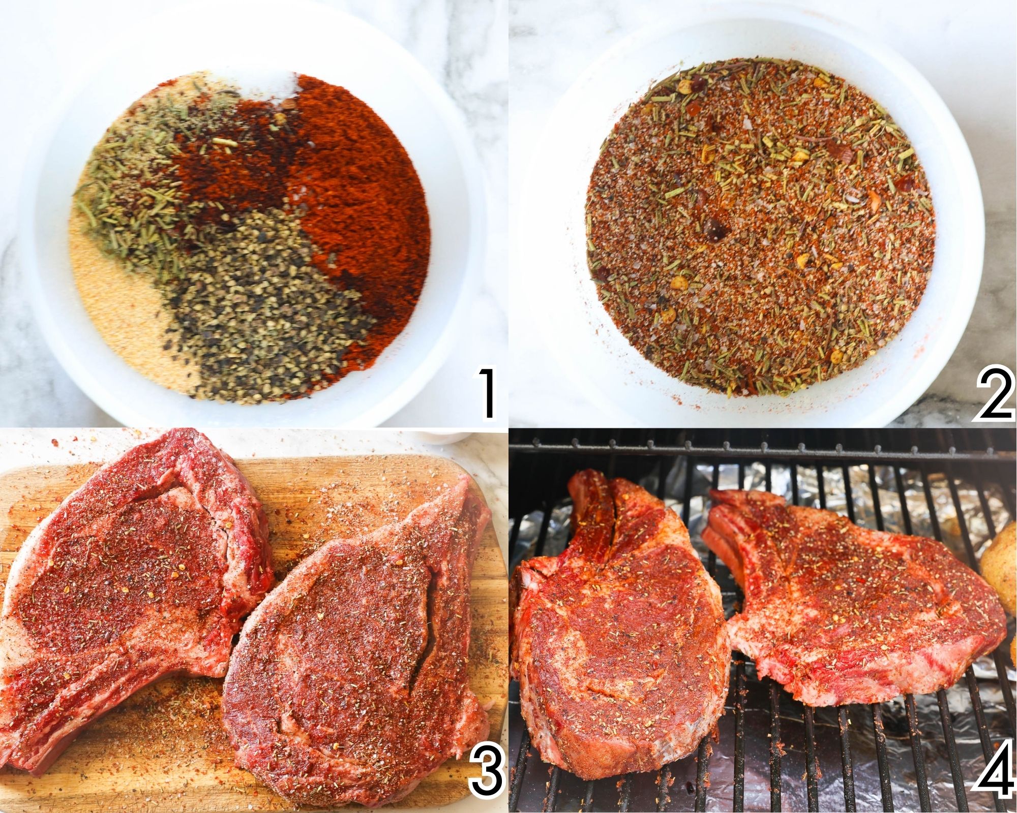 Preparing dry rub, apply to meat, place on grill